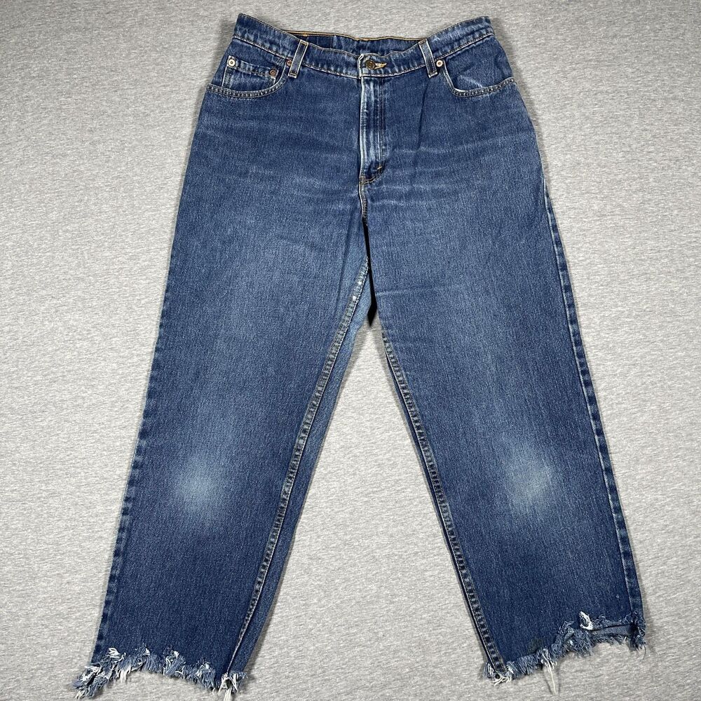 Vintage Levi's 550 Relaxed Fit Tapered Jeans Womens 14 Blue Medium Wash Frayed